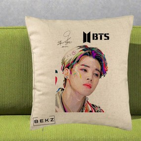 Perna Personalizata K-pop BTS Jimin Portret Artistic Multicolor cu Autograf, 40x40 cm, Bej, Husa Detasabila, Perna Inclusa, BEKZ®