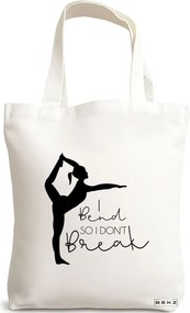 Sacosa de Panza pentru Cumparaturi, Geanta Tote Yoga I bend so I don't break, 38x34.5 cm, Alba, BEKZ®