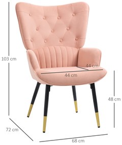 HOMCOM Fotoliu de Living Fotoliu Individual Tapitat in Catifea cu Spatar Inalt Stil Modern 68x72x103 cm Rosa | Aosom Romania