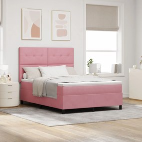 vidaXL Pat box spring cu saltea, roz, 140x200 cm, catifea