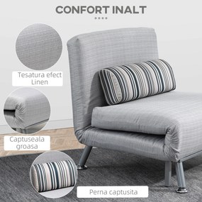 Fotoliu pat extensibil HOMCOM din Fier și Bumbac cu Pernă cu Dungi, Gri 75x70x75cm | Aosom Romania