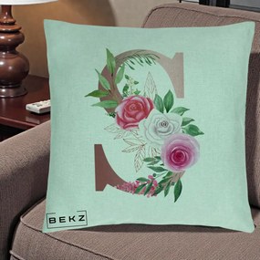 Cadou Personalizat - Perna Personalizata Monograma Rose Gold Litera S, 40x40 cm, Verde Menta, Husa Detasabila, Perna Inclusa, BEKZ®