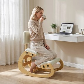 HOMCOM Scaun Ergonomic pentru Genunchi cu Spatar, Balansoar, Postural, Lemn Mesteacan, Crem | Aosom Romania