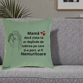 Cadou pentru Mama - Perna Personalizata Mama Nemuritoare cu Copilul in Poala, 40x40 cm, Verde, Husa Detasabila, Perna Inclusa, BEKZ®