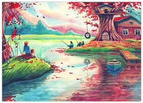 Tablou pe sticlă - Acuarelă, Golf într-un sat de munte (70x50 cm)