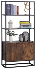 HOMCOM Biblioteca cu 3 Rafturi, Design Inaltat, din Lemn, Cadru din Metal, Negru si Maro 76x33x162.5cm | Aosom Romania