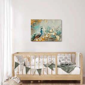Tablou pe sticlă - Păun cu decor de aur (70x50 cm)