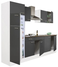 Mobilă de bucătărie Yorki 270, corp alb, față antracit satinat, frigider cu congelator superior