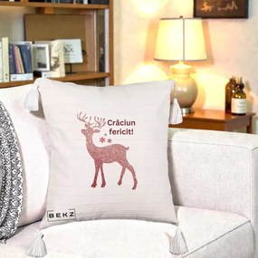 Perna Decorativa Ren Sclipitor Glitter Craciun Fericit, 40x40 cm, Bej cu Franjuri, Husa Detasabila, Perna Inclusa, BEKZ®