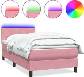 vidaXL Pat cu arcuri cu saltea și LED, roz, 100x220 cm, catifea