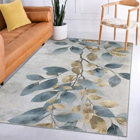 Covor tip traversă albastru deschis/auriu lavabil 80x200 cm Golden Leaves – Mila Home