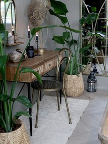 Scaun dining din metal, auriu, cu spătar dublu arcuit și șezut rotund traforat, finisaj alamă antichizată, Î 92 cm, Ø 41 cm, „Arles”
