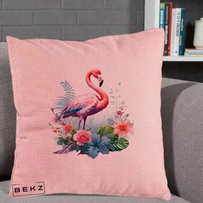 Perna Decorativa Flamingo cu Flori Tropicale Acuarela, 40x40 cm, Roz, Husa Detasabila, Perna Inclusa, BEKZ®