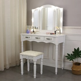 RESIGILAT- Set Scarlet, Masă de toaletă cu 3 oglinzi iluminate LED, control touch, 3 sertare, scaun, Alb