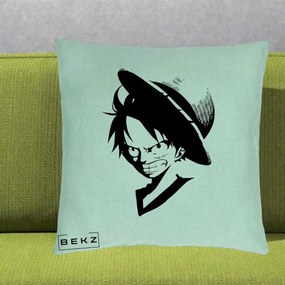 Perna Personalizata One Piece Luffy Silueta Alb-Negru, 40x40 cm, Verde Menta, Husa Detasabila, Perna Inclusa, BEKZ®