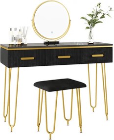 Masuta machiaj cu Oglinda LED si 3 Sertare pentru Cosmetice, Set Masa toaleta 100 cm, Negru, masuta cosmetica, vanity - SEN240