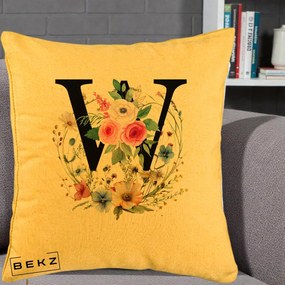 Cadou Personalizat - Perna Personalizata Monograma Florala Litera W, 40x40 cm, Galben, Husa Detasabila, Perna Inclusa, BEKZ®