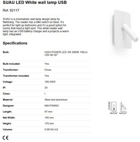 Aplica cu reader LED minimalista cu USB charger SUAU White