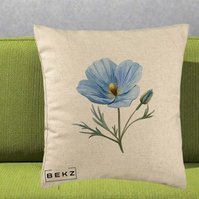 Perna Decorativa Mac Albastru Acuarela, 40x40 cm, Bej, Husa Detasabila, Perna Inclusa, BEKZ®