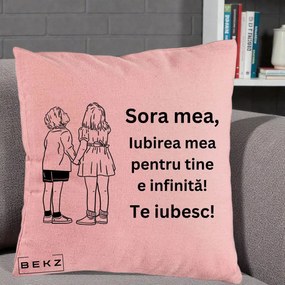 Cadou pentru Sora - Perna Personalizata Sora Mea Te Iubesc Copii Tinand Maini Line Art, 40x40 cm, Roz, Husa Detasabila, Perna Inclusa, BEKZ®