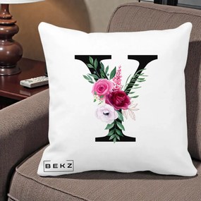 Cadou Personalizat - Perna Personalizata Monograma Florala Litera Y cu Buchet, 40x40 cm, Alba Mata, Husa Detasabila, Perna Inclusa, BEKZ®