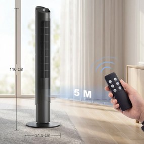 HOMCOM Ventilator de Coloană 116 cm, ventilator WiFi cu aplicație de control, dormitor, culoare neagră | Aosom Romania
