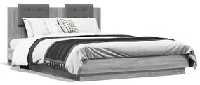 3210015 vidaXL Cadru de pat cu tăblie și lumini LED, gri sonoma, 140x200 cm