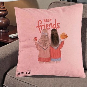 Cadou pentru Prieteni - Perna Personalizata Best Friends Toamna, 40x40 cm, Roz, Husa Detasabila, Perna Inclusa, BEKZ®