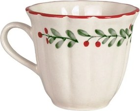Cană din ceramică artizanală albă cu motiv de Crăciun pictat manual, margine ondulată roșie, cu mâner, 10,5 × 9,5 cm, „Esther Lingonberry"