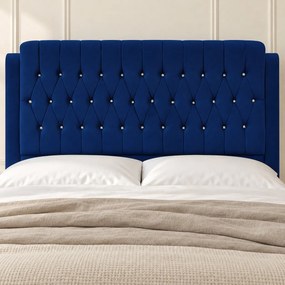 Pat tapițat Chesterfield din catifea Aveline Deluxe 160×200 cm, bleumarin, cu ladă de depozitare