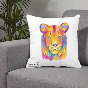 Perna Decorativa Leu Acuarela Curcubeu, 40x40 cm, Alba Mata, Husa Detasabila, Perna Inclusa, BEKZ®