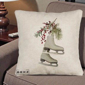Perna Decorativa Patine cu Ramuri de Brad si Afine, 40x40 cm, Bej Canapea, Husa Detasabila, Perna Inclusa, BEKZ®