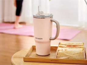 Cană termică cu pai încorporat Buydeem DS57-P, 700 ml, menține temperatura (cald/rece) până la 6 ore, izolație sub vid, oțel inoxidabil, fără BPA, roz
