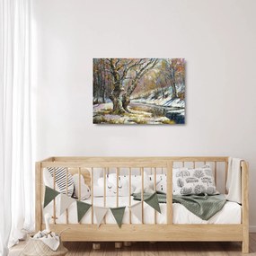 Tablou pe sticlă cu peisaj de iarnă pictat (70x50 cm)