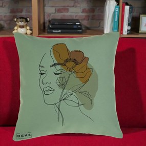 Perna Decorativa Portret Feminin Mac Mare Portocaliu, 40x40 cm, Verde, Husa Detasabila, Perna Inclusa, BEKZ®
