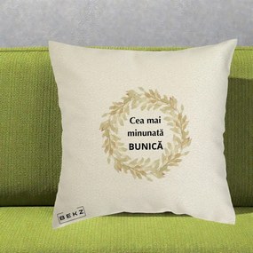Cadou pentru Bunica - Perna Personalizata Cea Mai Minunata Bunica Coronita Frunze Acuarela, 40x40 cm, Ecru, Husa Detasabila, Perna Inclusa, BEKZ®