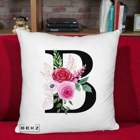 Cadou Personalizat - Perna Personalizata Monograma Florala Litera B, 40x40 cm, Alb Pufos, Husa Detasabila, Perna Inclusa, BEKZ®