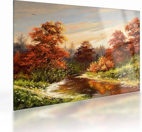 Tablou pe sticlă - Râu în peisaj de toamnă (70x50 cm)