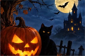 Tablou - Pisică neagră lângă un dovleac luminat de Halloween (90x60 cm)