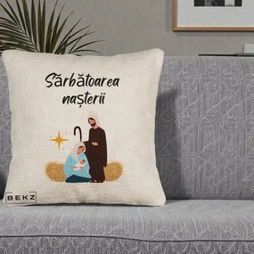 Perna Decorativa Nasterea Domnului Sfanta Familie Sarbatoarea Nasterii, 40x40 cm, Bej Canapea, Husa Detasabila, Perna Inclusa, BEKZ®