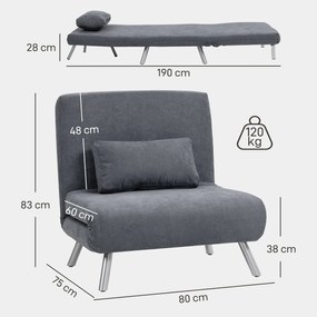 HOMCOM Fotoliu cu functie de pat, design 2-in-1, fotoliu de dormit, pat de oaspeti, husa material, cu perna, Gri inchis | Aosom Romania