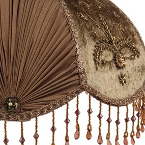 Abajur victorian din textil, maro, în formă de cupolă, cu broderie, plisuri și franjuri cu mărgele, 22 x 39 cm, „Albertine”