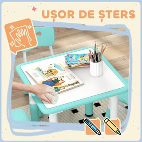 AIYAPLAY Set Măsuță și Scaune pentru Copii 18-60 Luni cu Înălțime Reglabilă și Tablă de Scris, 60x60x46-58 cm, Verde | Aosom Romania