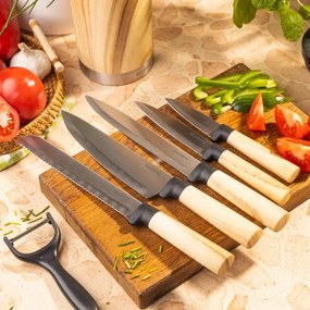 Set de cuțite de bucătărie Klausberg KB 9036, 7 piese, oțel inoxidabil, aspect de lemn, suport, maro