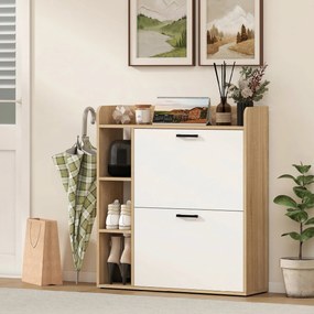 HOMCOM Dulap Slim pentru Pantofi cu 2 Sertare Rabatabile și 3 Compartimente, Capacitate 15 Perechi, 83x24x90,5 cm, Lemn și Alb | Aosom Romania