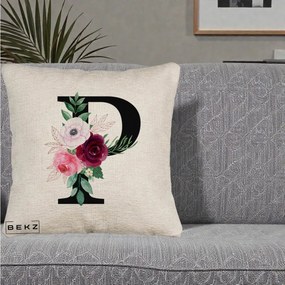 Cadou Personalizat - Perna Personalizata Monograma Florala Litera P, 40x40 cm, Bej Canapea, Husa Detasabila, Perna Inclusa, BEKZ®