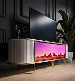 RESIGILAT- Comoda TV cu șemineu electric și riflaje, boxe Bluethooth, telecomandă, Ab/Auriu, 180x40x50cm