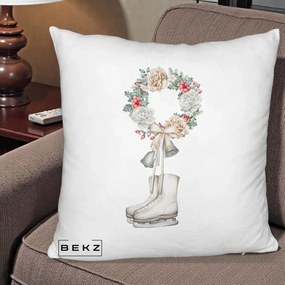 Perna Decorativa Patine cu Coroana Florala de Craciun, 40x40 cm, Alb Pufos, Husa Detasabila, Perna Inclusa, BEKZ®