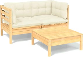vidaXL Set mobilier grădină cu perne crem, 3 piese, lemn de pin