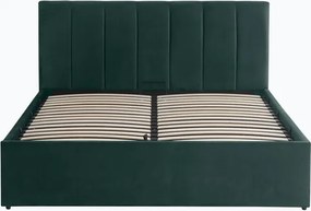 Pat tapitat Frisco, 160x200 cm, somiera rabatabila, spatiu depozitare, verde inchis